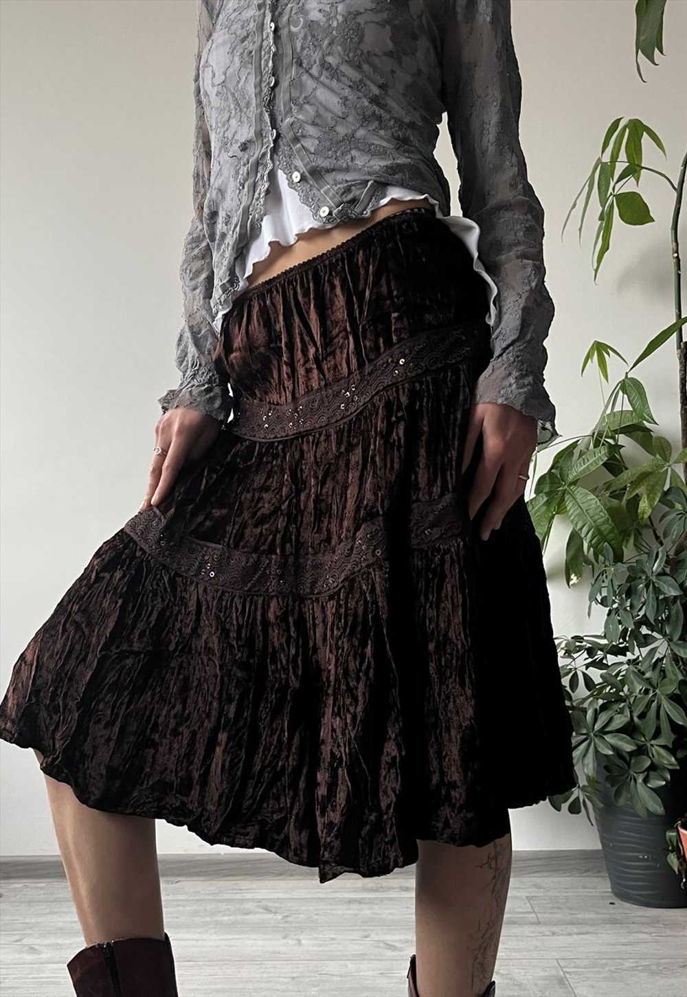 Vintage 90s 00s Dark Brown Velvet Sequins Flared … - image 2
