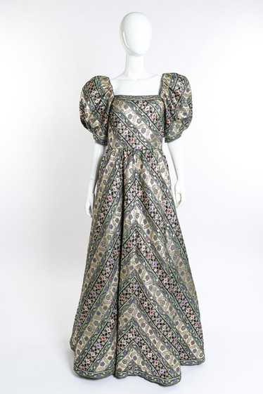 LEONARD Metallic Floral Brocade Stripe Gown