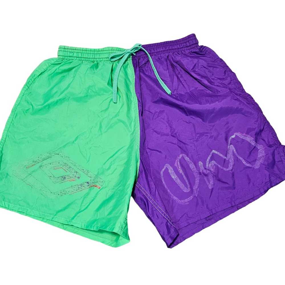 Vintage 90s Umbro Soccer Shorts Neon Green & Purp… - image 1