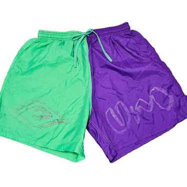 Vintage 90s Umbro Soccer Shorts Neon Green & Purp… - image 1