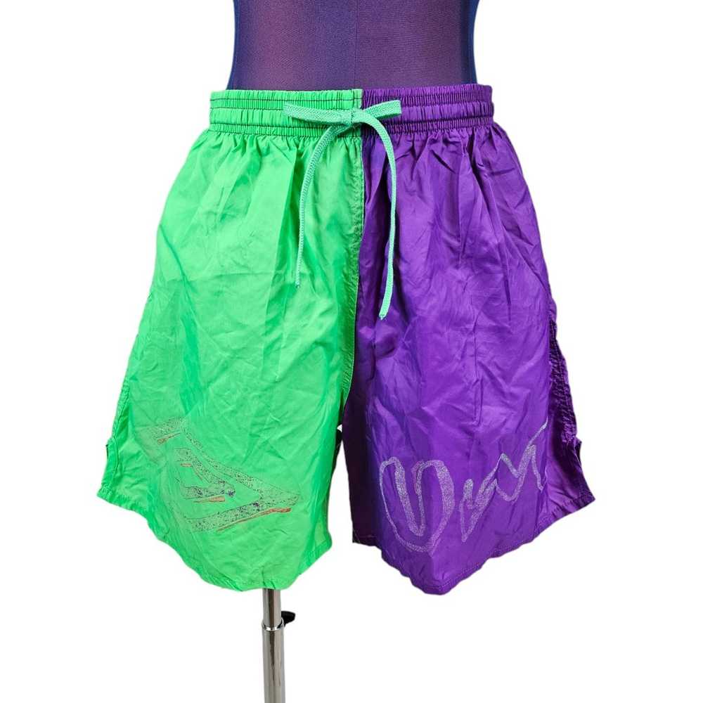 Vintage 90s Umbro Soccer Shorts Neon Green & Purp… - image 2