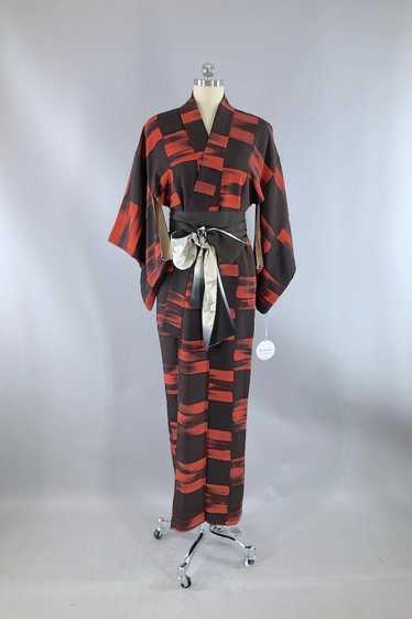 Vintage Black & Terra Cotta Silk Kimono