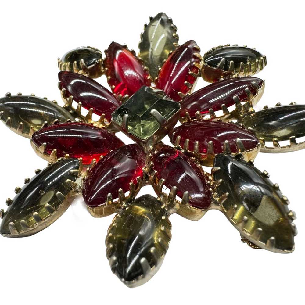Gray and Red Cabochon Stylized Flower Brooch - image 3