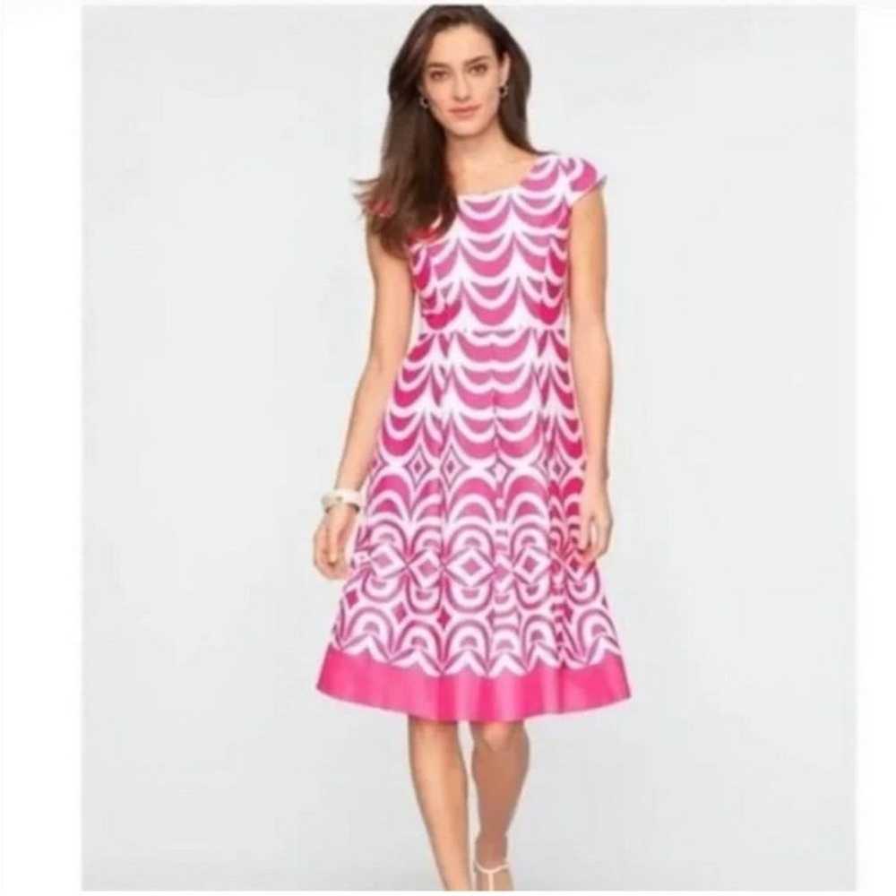 Talbots Cap Sleeve Pleated Dress Pink White Scall… - image 1