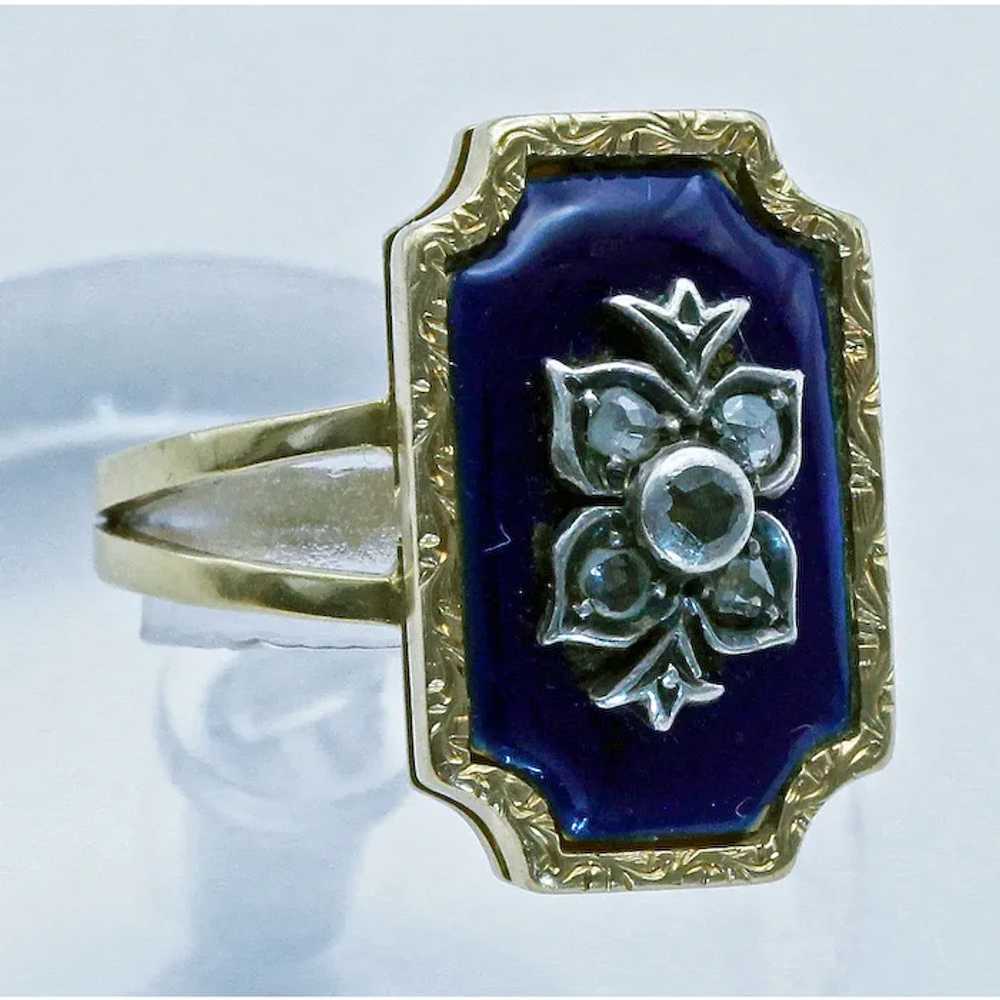 Antique ring gold silver diamonds blue enamel Eur… - image 10