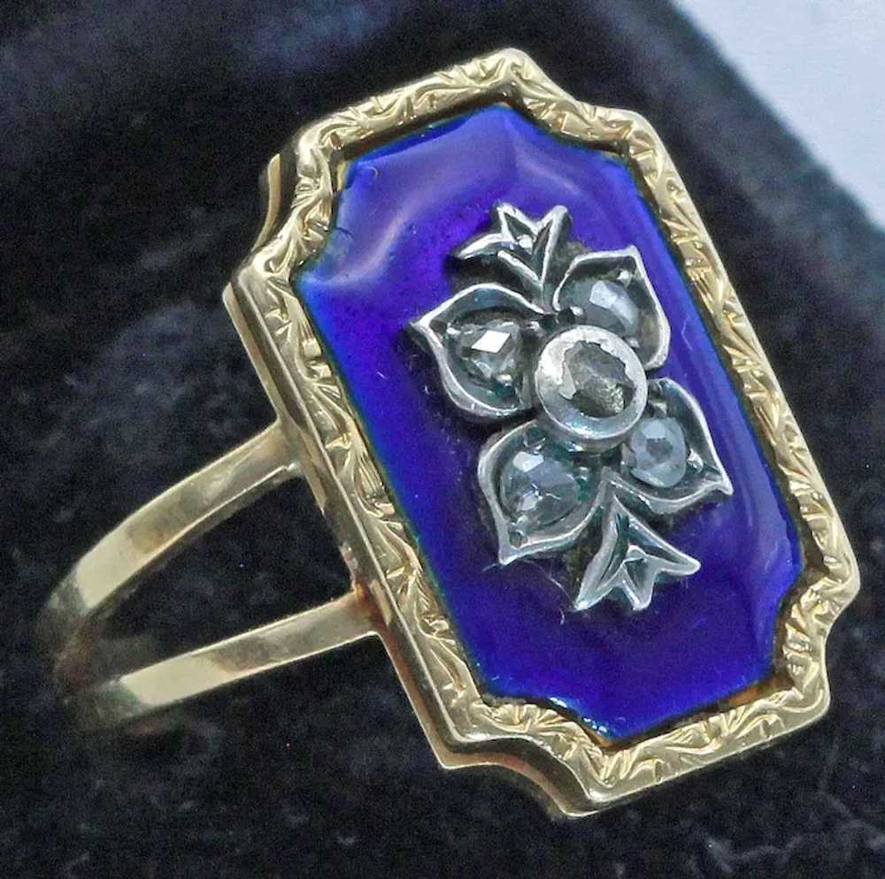 Antique ring gold silver diamonds blue enamel Eur… - image 11