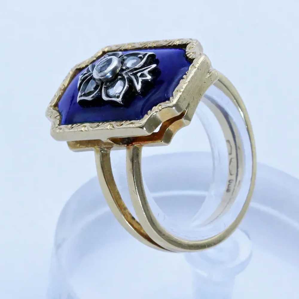 Antique ring gold silver diamonds blue enamel Eur… - image 12