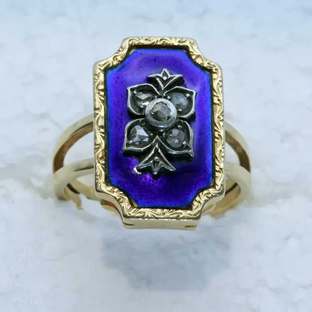 Antique ring gold silver diamonds blue enamel Eur… - image 2