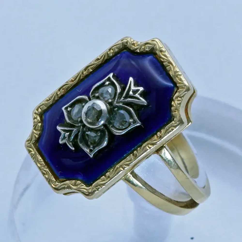 Antique ring gold silver diamonds blue enamel Eur… - image 3