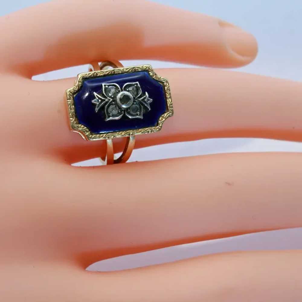 Antique ring gold silver diamonds blue enamel Eur… - image 6