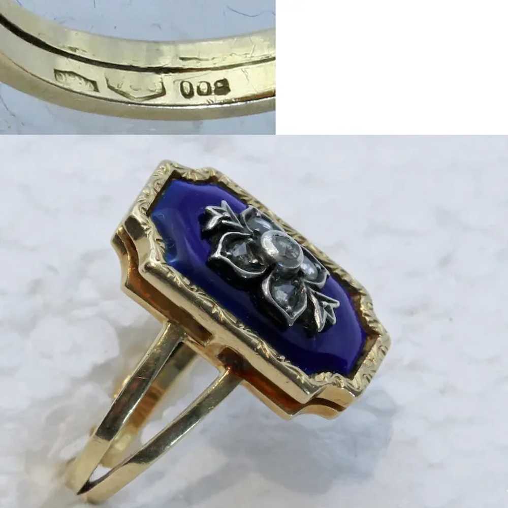 Antique ring gold silver diamonds blue enamel Eur… - image 7