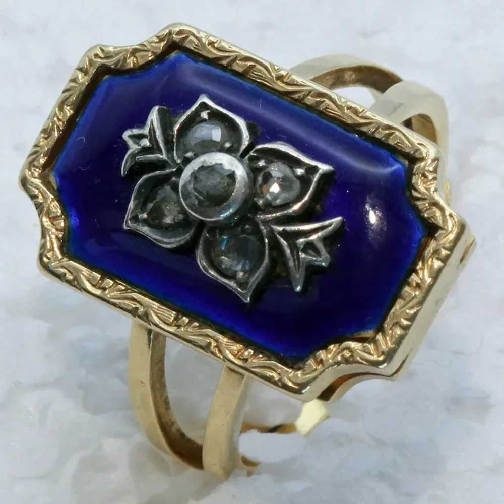 Antique ring gold silver diamonds blue enamel Eur… - image 8