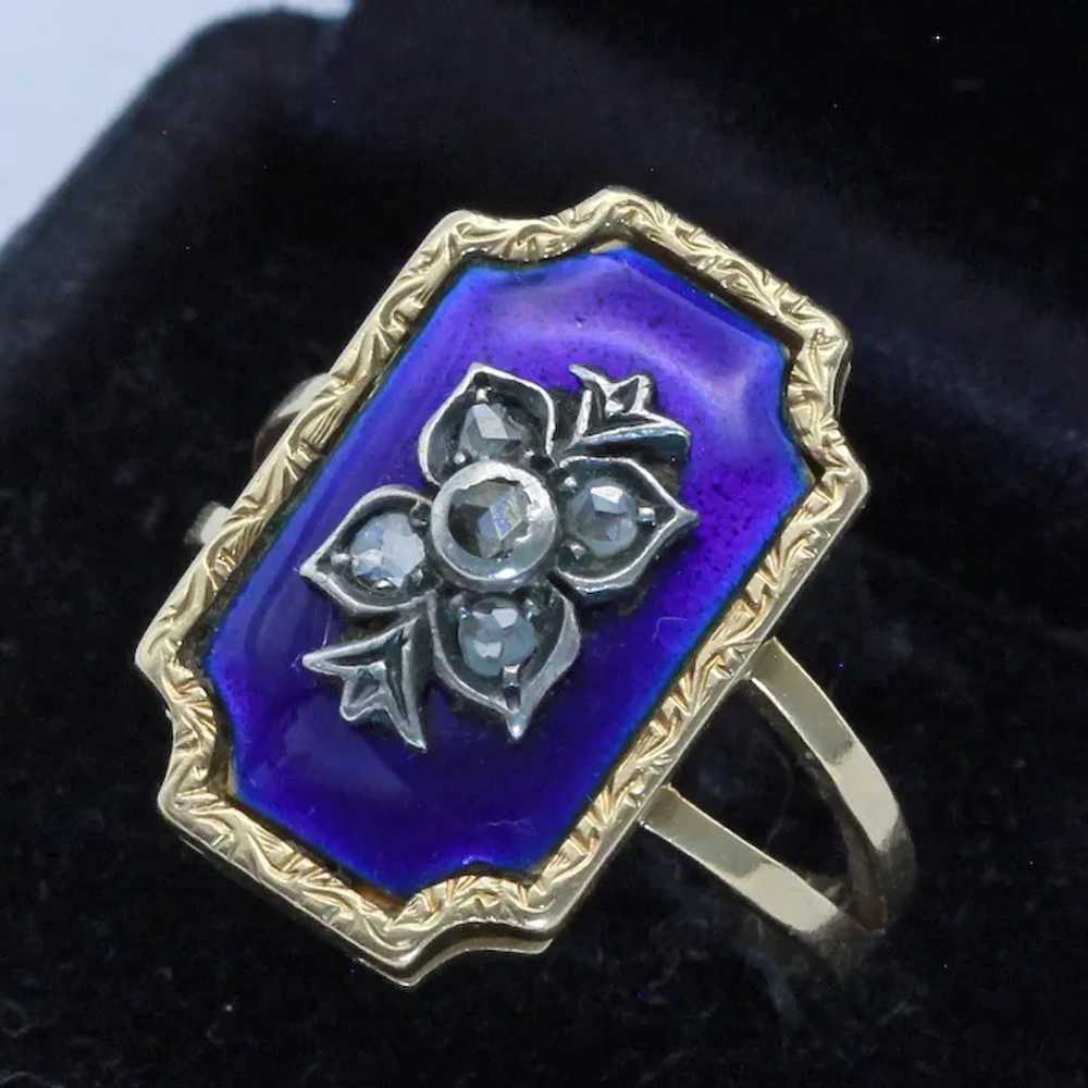 Antique ring gold silver diamonds blue enamel Eur… - image 9