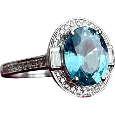 Stunning Blue Zircon and Diamond 14k White Gold Ri
