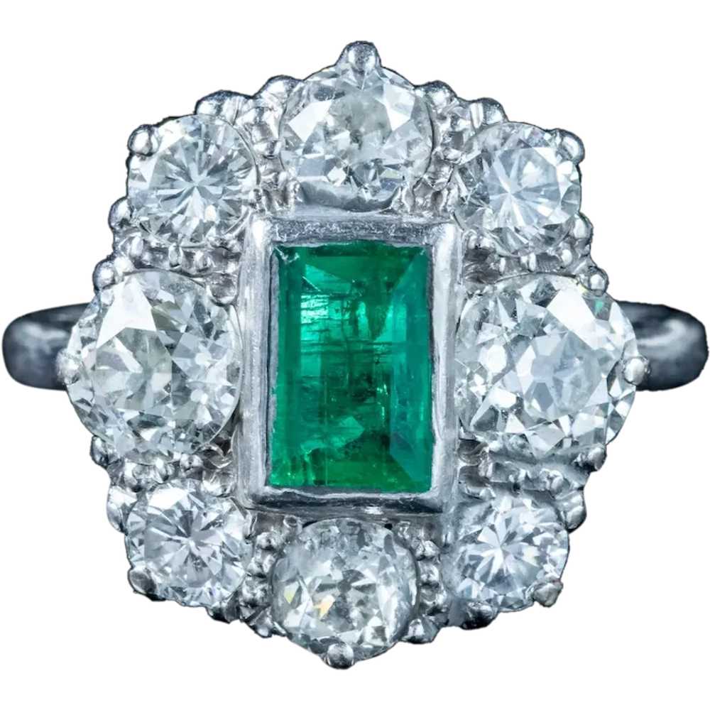 Antique Edwardian Emerald Diamond Cluster Ring 0.… - image 1