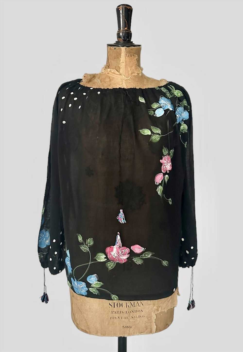 70's Vintage Black Indian Cotton Sheer Hand Paint… - image 3