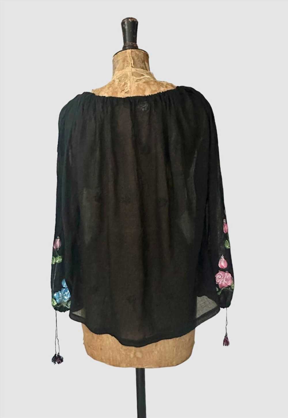 70's Vintage Black Indian Cotton Sheer Hand Paint… - image 4