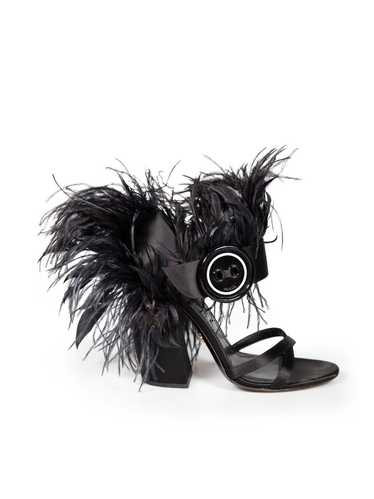 Prada Black Satin Feather Trim Block Heels