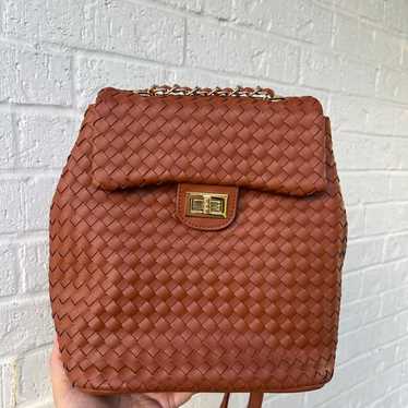 Chain strap woven mini backpack brown tan gold