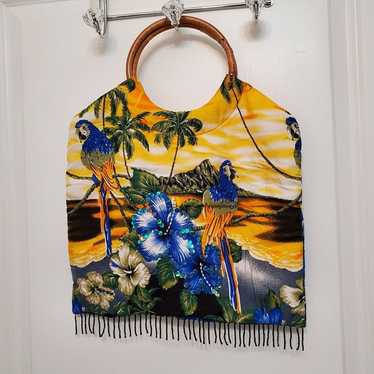 Vintage 1970s Bamboo Parrot Bag, Tropical Bird Sun