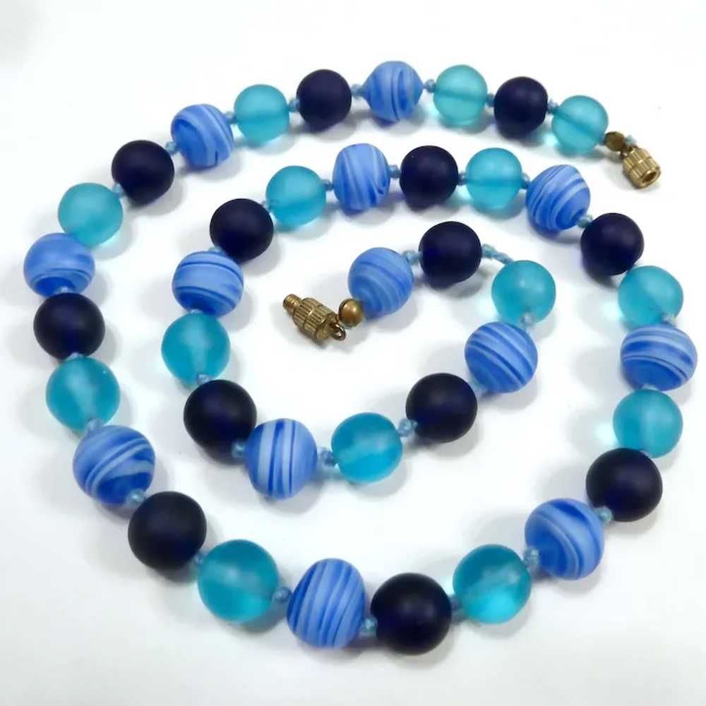Blue Glass Bead Necklace Hand Knotted - image 2