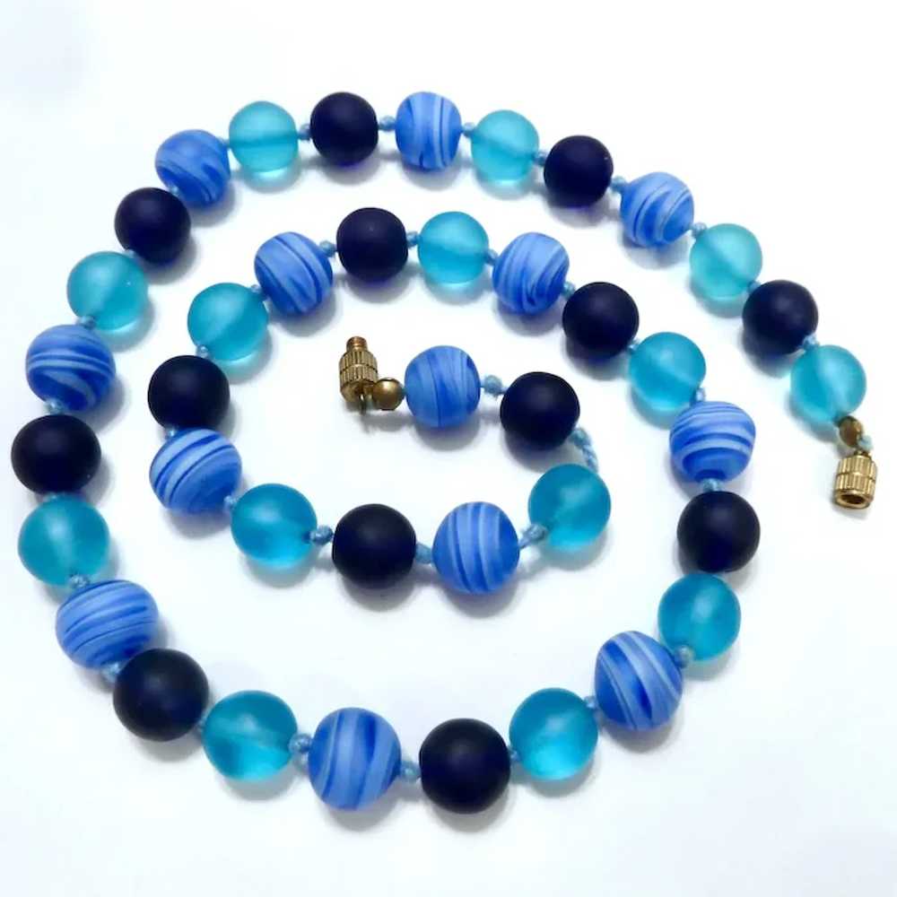 Blue Glass Bead Necklace Hand Knotted - image 3