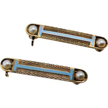 Antique 14k Yellow Gold Enamel Seed Pearl Bar Pin 