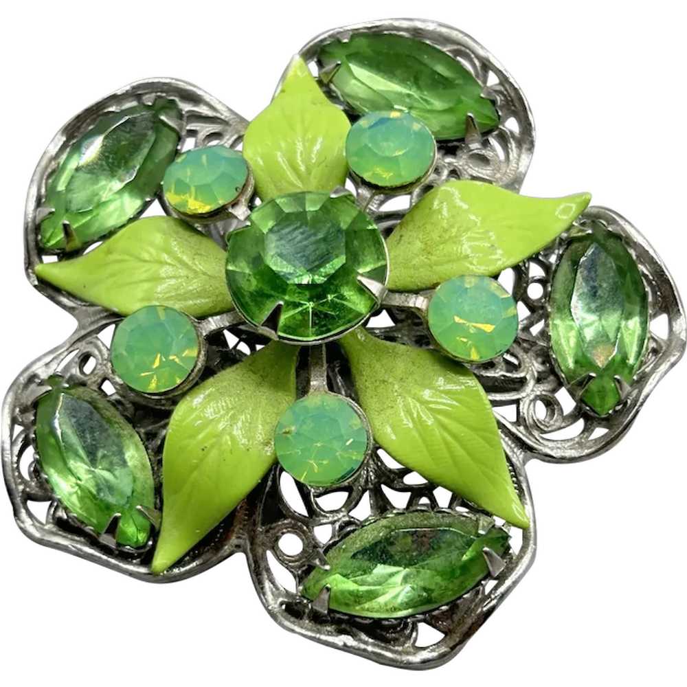 Vintage Green Rhinestones Flower Pin Brooch Layer… - image 1