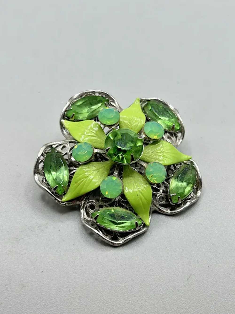 Vintage Green Rhinestones Flower Pin Brooch Layer… - image 3