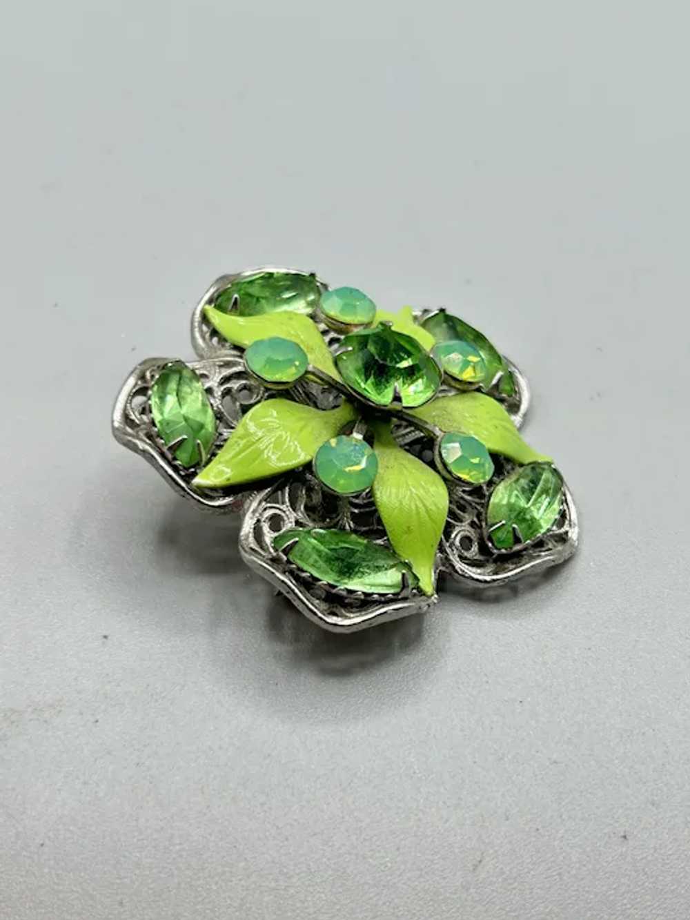 Vintage Green Rhinestones Flower Pin Brooch Layer… - image 4