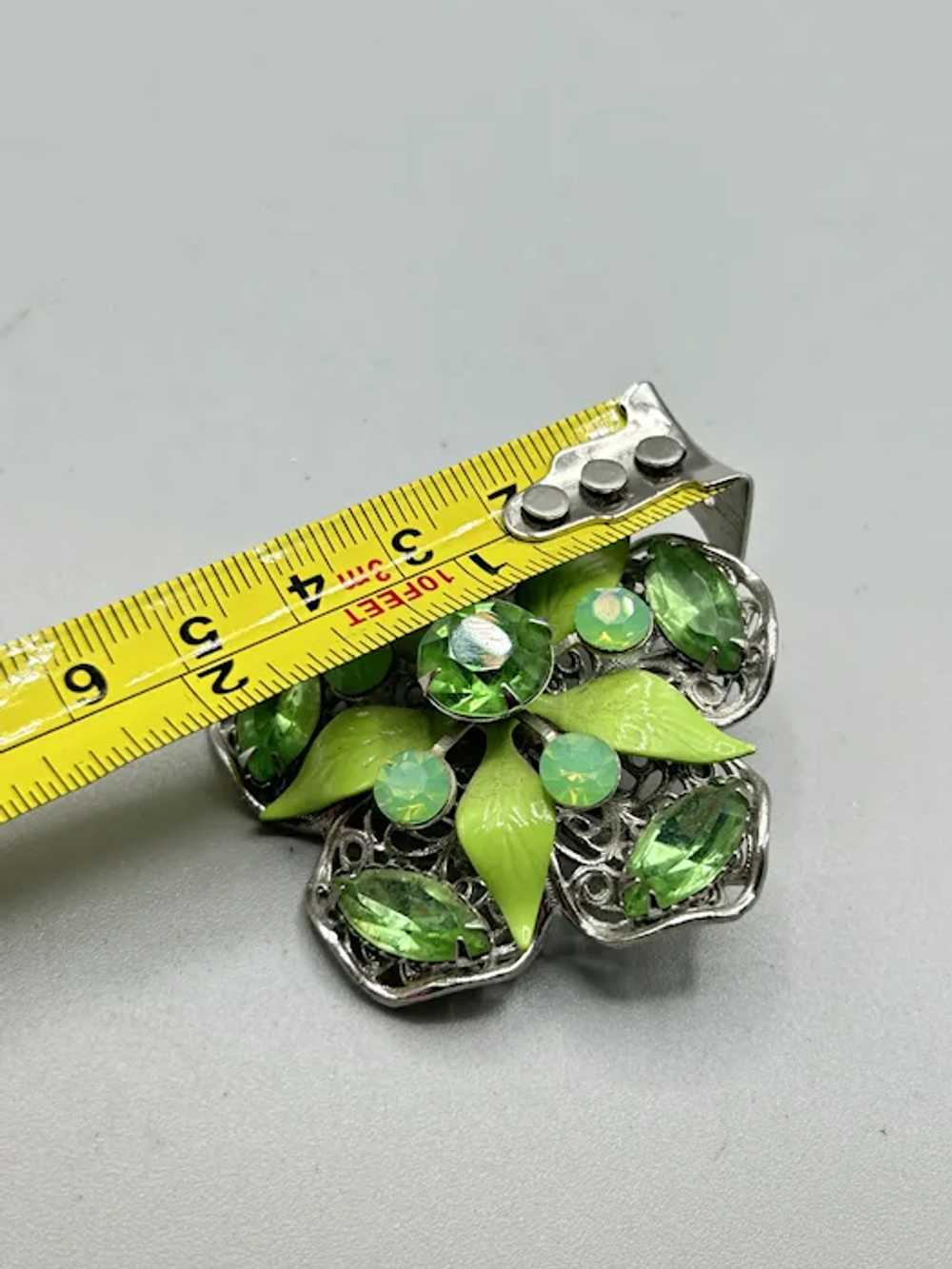 Vintage Green Rhinestones Flower Pin Brooch Layer… - image 6