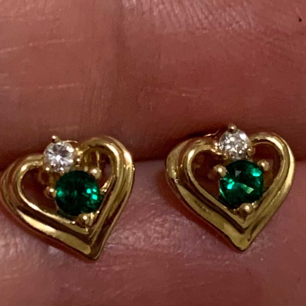 10K Yellow Gold Emerald and CZ Heart Earrings - image 1