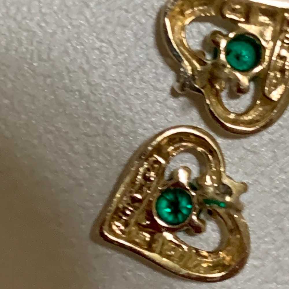 10K Yellow Gold Emerald and CZ Heart Earrings - image 2