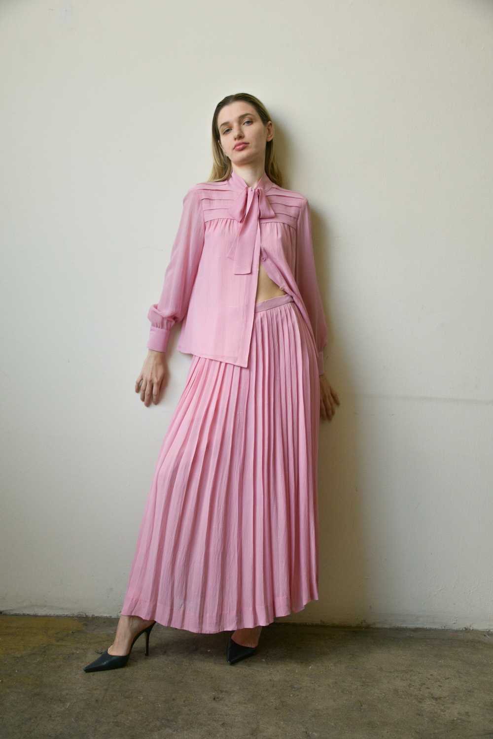 1970s celine pink silk skirt ensemble - image 2