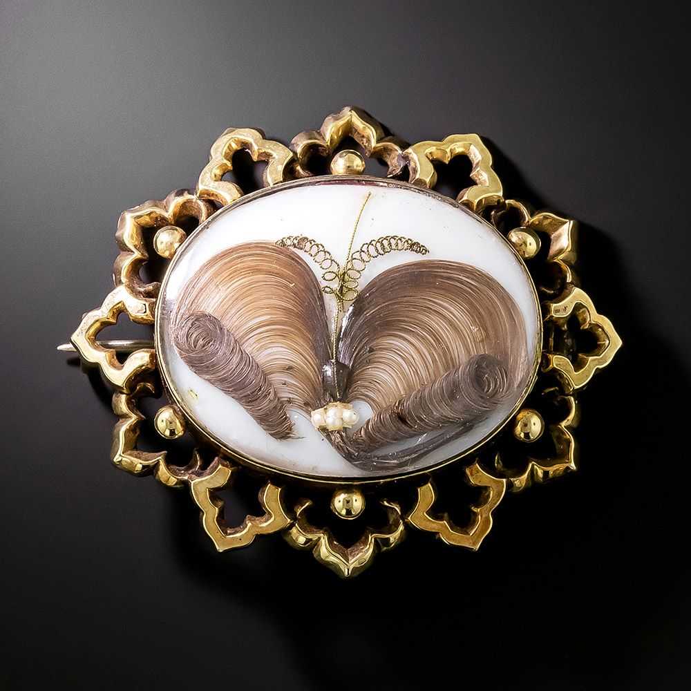 Victorian Hair and Pearl Butterfly Brooch - image 1