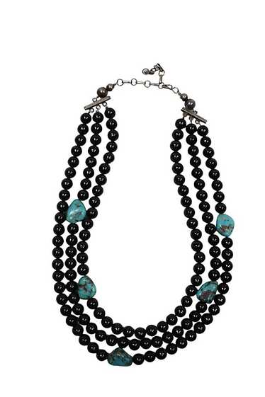 1970s Turquoise Onyx Beaded Tri-Strand Necklace S… - image 1