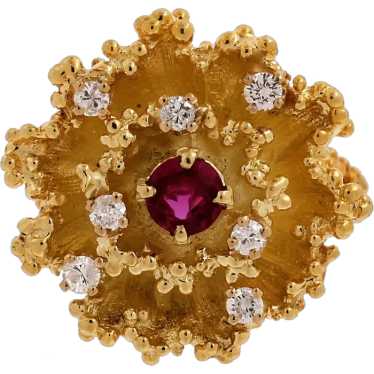 Estate Diamond Ruby Flower Statement Ring 14K Yel… - image 1