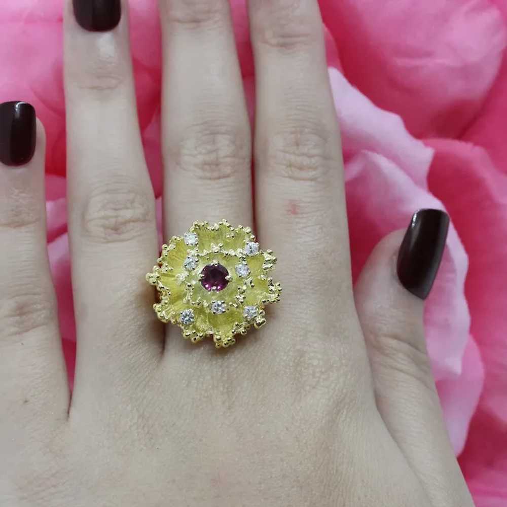 Estate Diamond Ruby Flower Statement Ring 14K Yel… - image 2