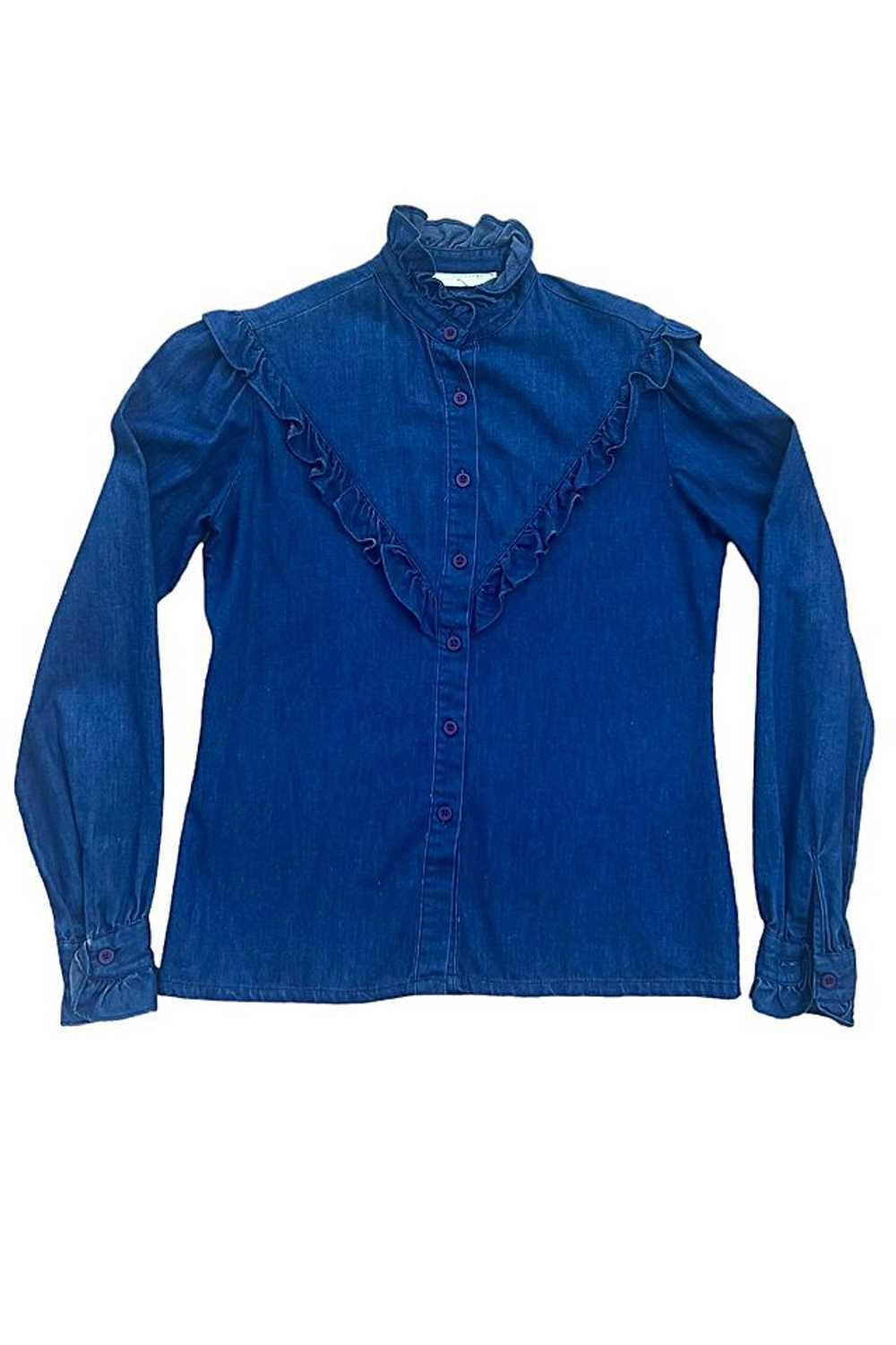 Vintage 1980s Geoffrey Beene Ruffled Jeans Shirt … - image 1