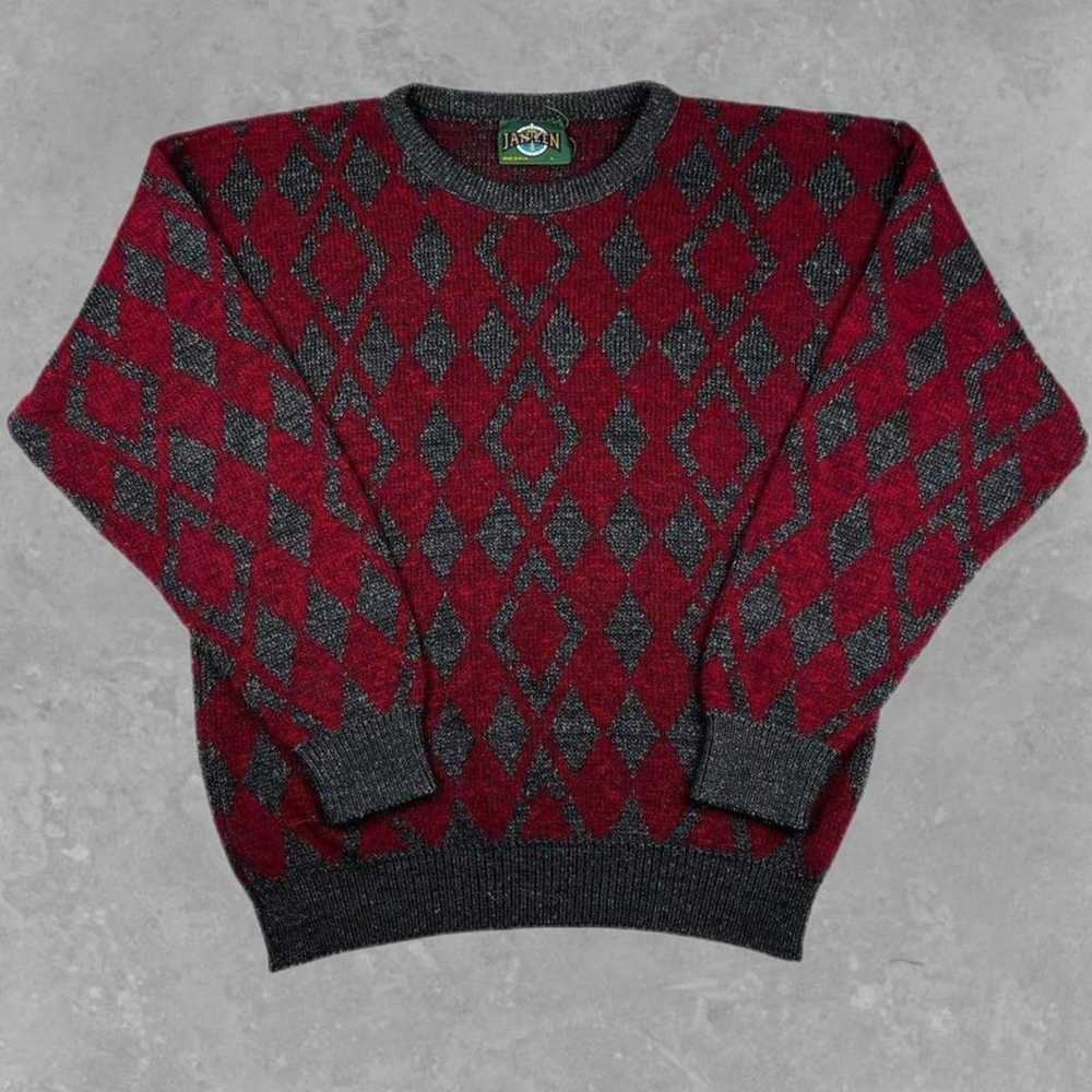 Jantzen Vintage Red & Gray Argyle Sweater Size L - image 1