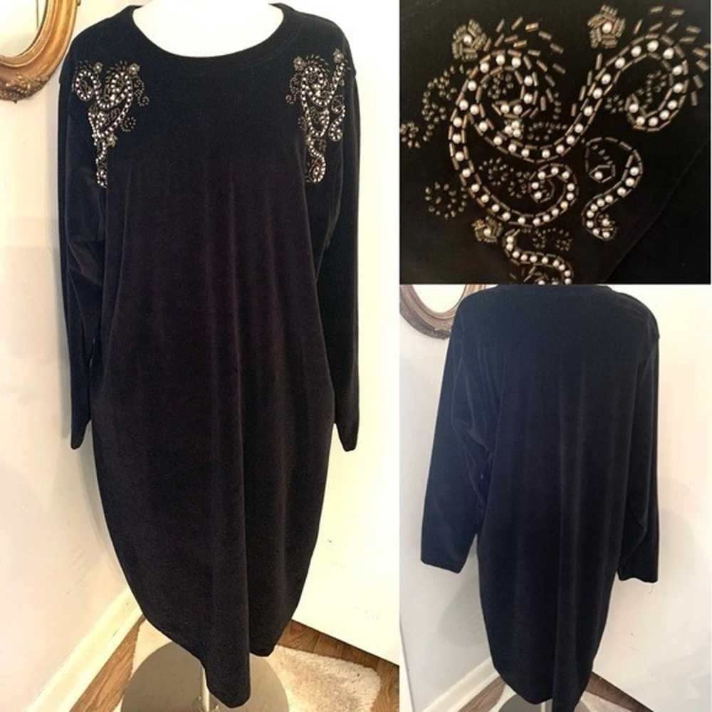 Vintage :: Black Velvet Embellished midi Dress 1X… - image 1