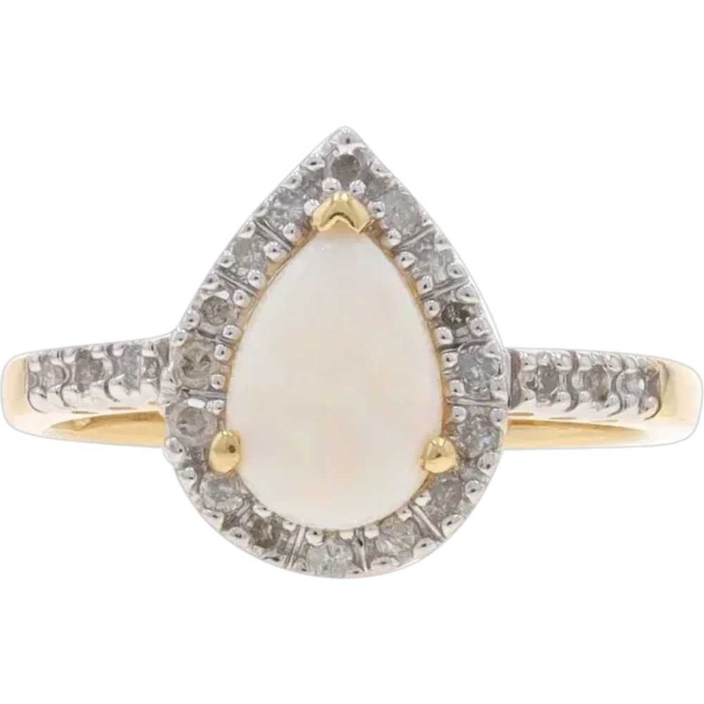 Yellow Gold Opal Diamond Halo Ring - 14k Pear Cab… - image 1