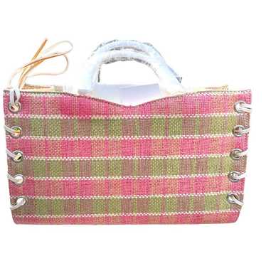 NWT 60s Vintage Pink & Green Plaid Tote Leather R… - image 1
