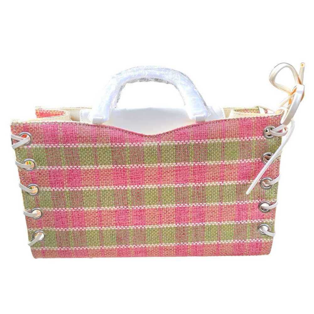 NWT 60s Vintage Pink & Green Plaid Tote Leather R… - image 2
