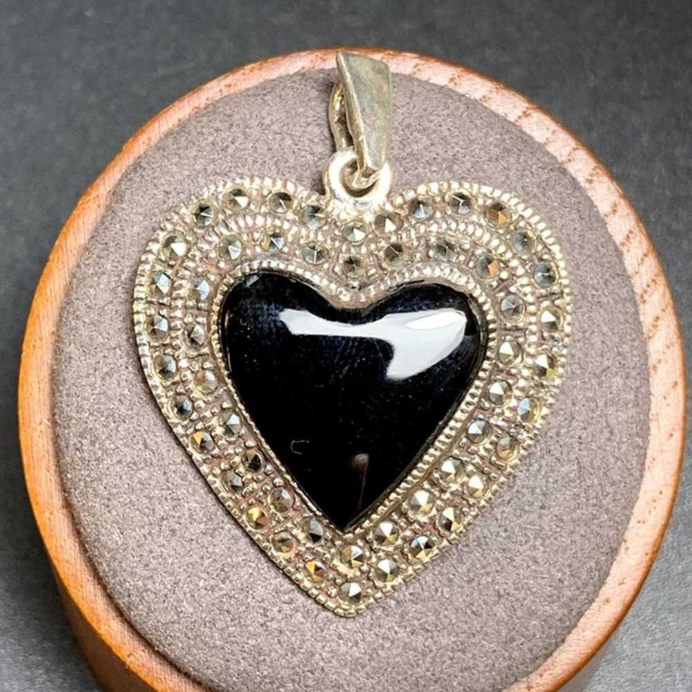 Vintage Sterling Silver 925 Black Enamel Heart & … - image 1