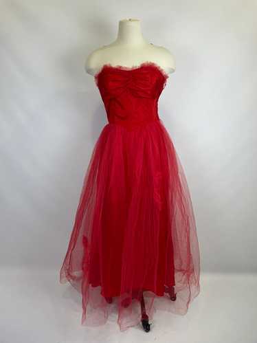 Vintage 1950s Red Tulle Strapless Dress With Heart