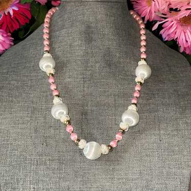 Vintage Vintage pink and white satin bead necklace - image 1