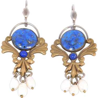 Artisan Lapis Lazuli And Pearl Dangle Earrings - image 1