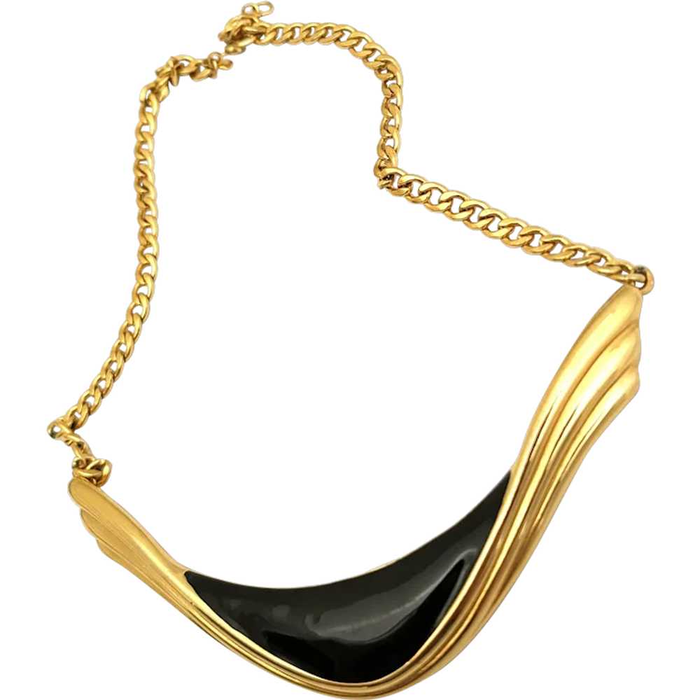 Monet Black Enamel Gold Tone Choker Necklace - image 1