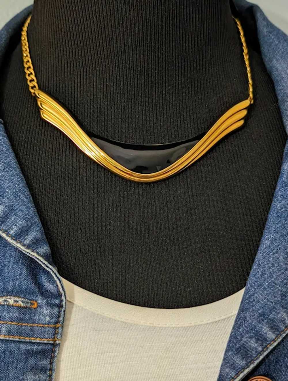 Monet Black Enamel Gold Tone Choker Necklace - image 2